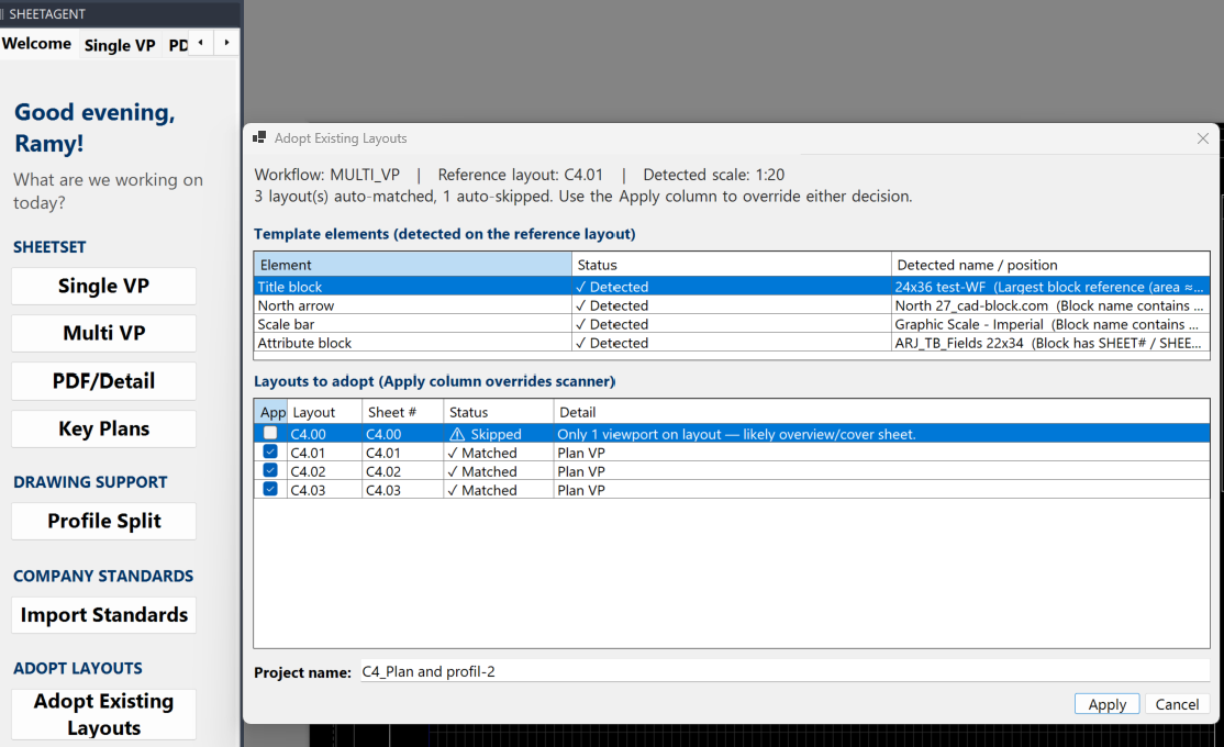 SheetAgent for Civil 3D Adopt Existing Layouts dialog: template elements auto-detected, layouts auto-matched with user override controls.