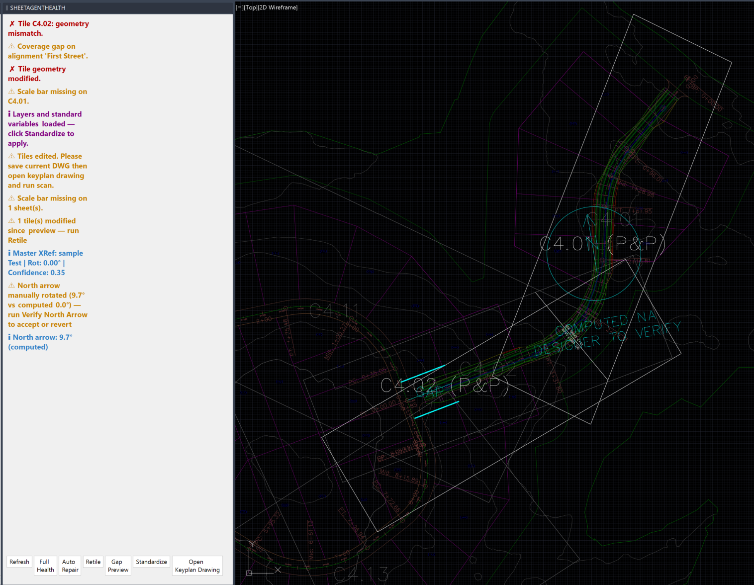 SheetAgentHealth palette detecting geometry mismatches, missing scale bars, layer drift, north arrow rotation, and more, surfacing issues without blocking the designer.