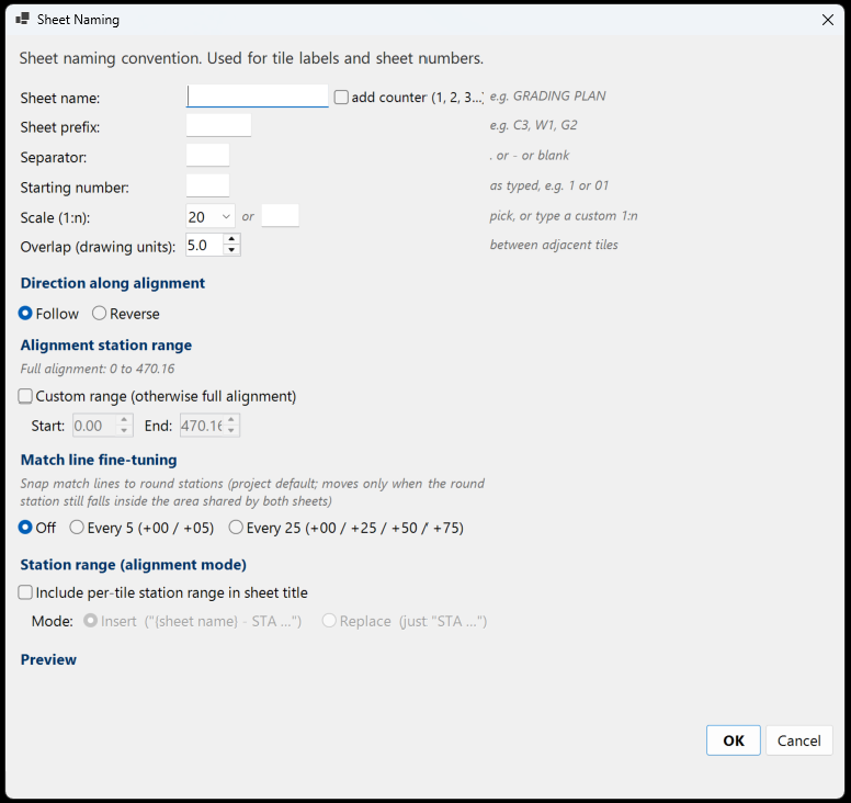 The Sheet Naming dialog in Alignment mode: naming, scale and tile overlap, then direction along the alignment, the station range with the alignment's real extents shown, match line fine-tuning, and an option to include each tile's station range in the sheet title.