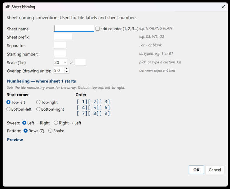 The Sheet Naming dialog in Array mode: sheet name with an add-counter option, sheet prefix, separator and starting number, scale, tile overlap, and a numbering section with start corner, sweep direction and row or snake pattern, beside a grid previewing the resulting sheet order.