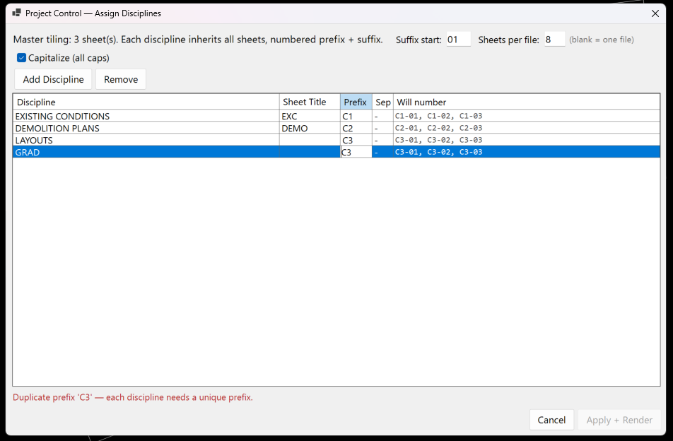 The Project Control Assign Disciplines dialog, with suffix start and sheets per file at the top, and a table of disciplines showing sheet title, prefix, separator and a preview of the numbers each will produce. A duplicate prefix is flagged in red.