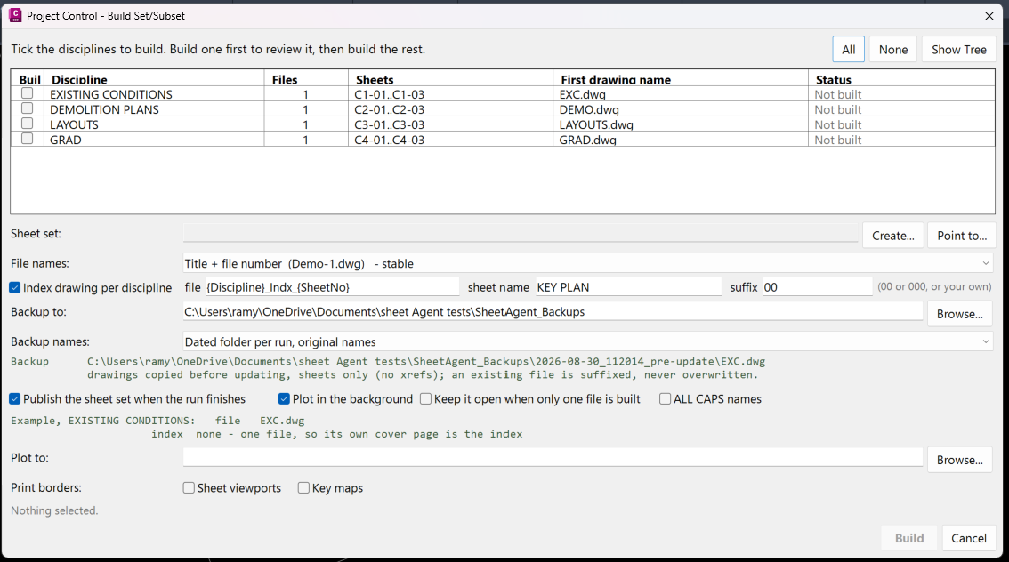 The Project Control Build Set dialog, listing each discipline with its file count, sheet numbers, first drawing name and build status, above settings for the sheet set, file naming, per-discipline index drawings, backup location and naming, publishing and plotting.