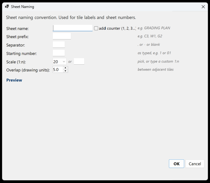 The Sheet Naming dialog in Free mode, showing only sheet name, prefix, separator, starting number, scale and tile overlap, with no numbering order section.