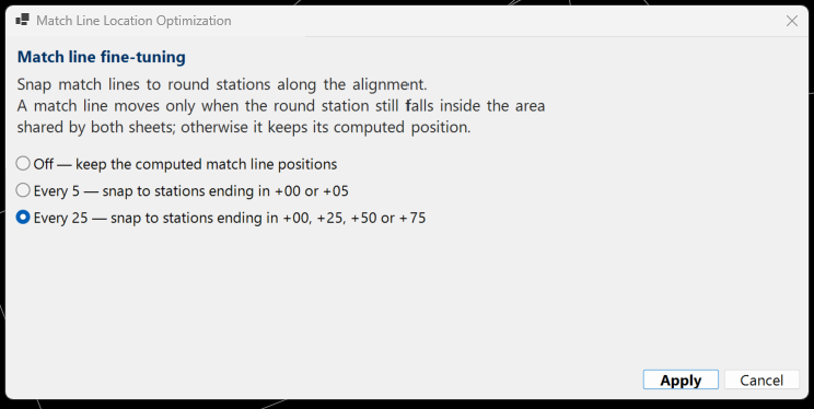 The Match Line Location Optimization dialog, offering to keep computed match line positions or snap them to stations ending in +00 or +05, or +00, +25, +50 or +75.
