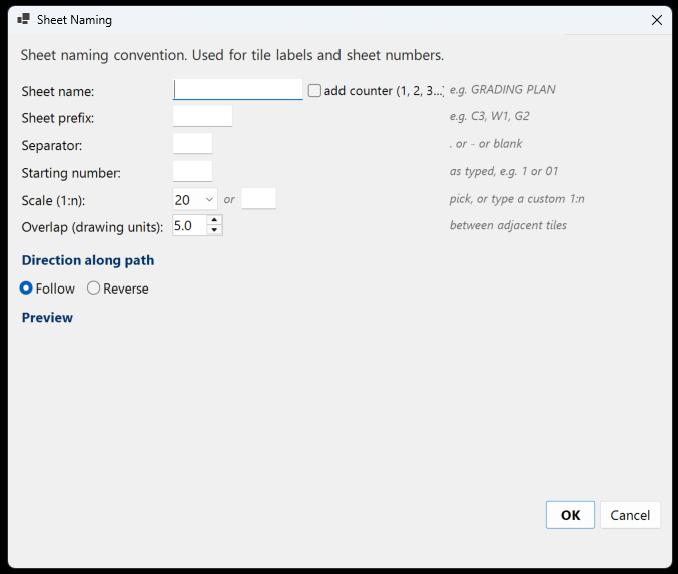 The Sheet Naming dialog in Path mode: sheet name with an add-counter option, sheet prefix, separator, starting number, scale and tile overlap, then a direction along path choice of follow or reverse.