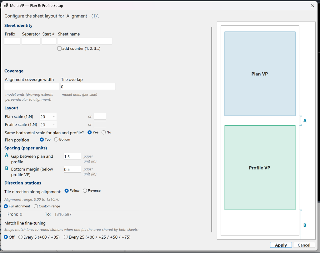 The Multi VP Plan and Profile Setup dialog, showing sheet identity, coverage width and tile overlap, plan and profile scales, paper-unit spacing between the two viewports, tile direction and station range, and match line fine-tuning, with a preview of the plan and profile viewports on the right.