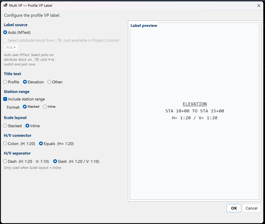 The Multi VP Profile VP Label dialog, with title text options, station range, scale layout, and the connector and separator used between horizontal and vertical scales, beside a live preview.