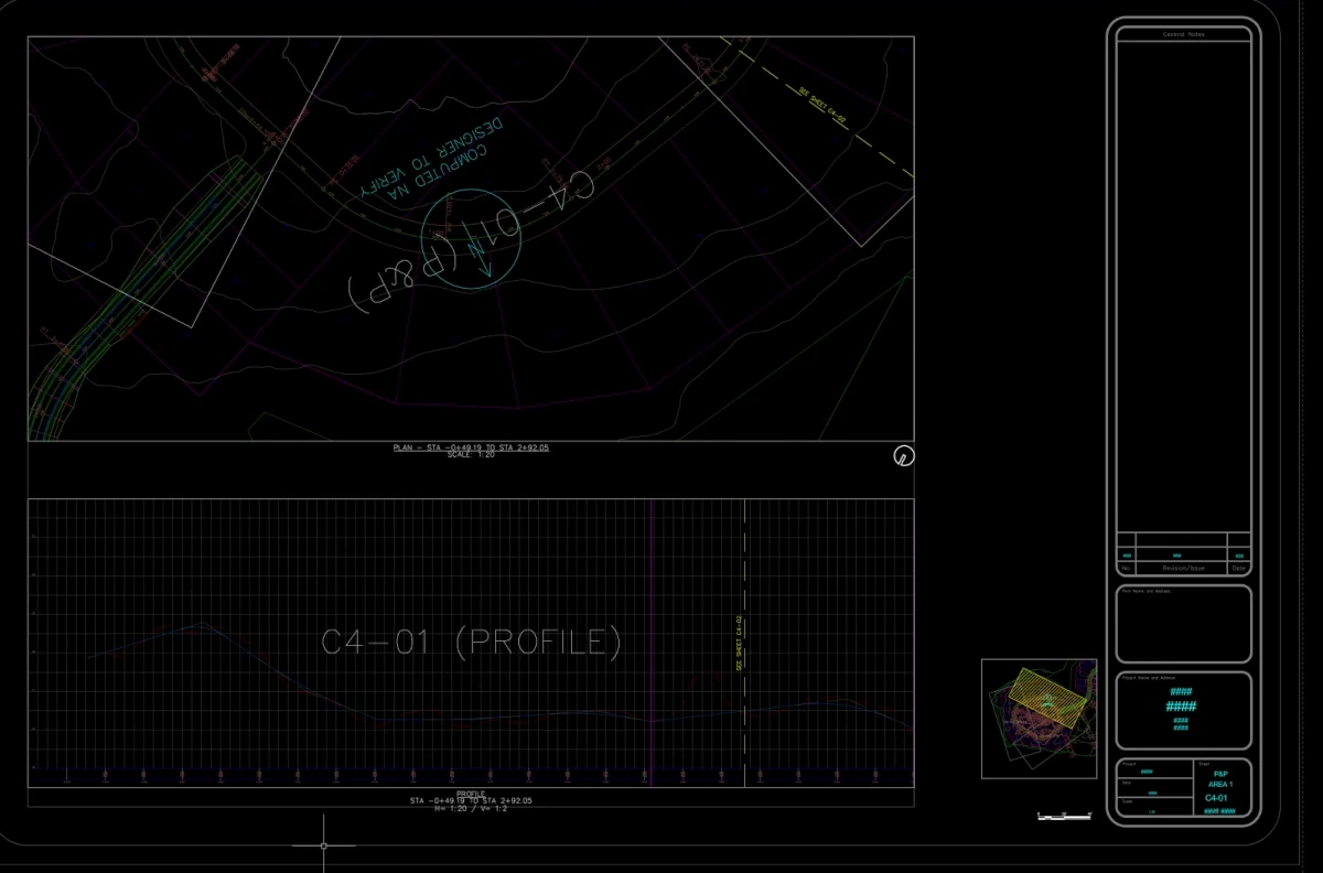 A plan and profile sheet built by SheetAgent for Civil 3D: plan viewport, profile viewport, key map, match lines and title block placed on one layout.