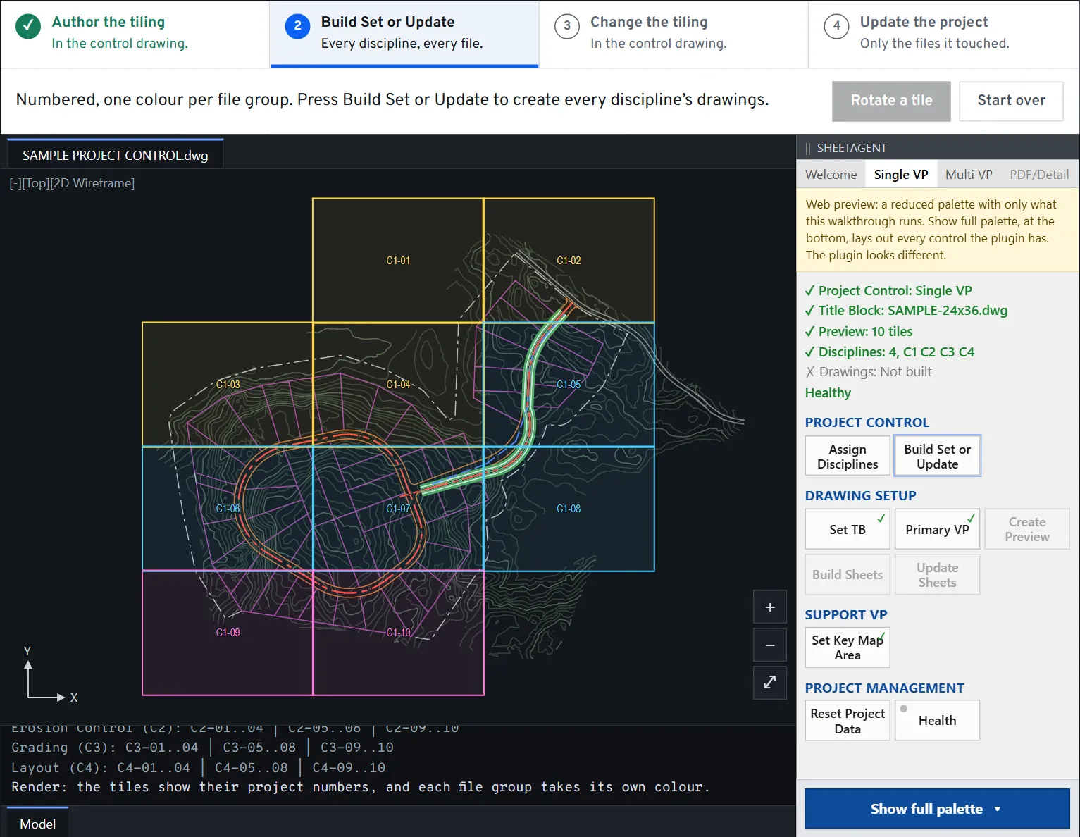 The simulated SheetAgent for Civil 3D preview on a Project Control drawing: ten tiles over the sample subdivision, numbered C1-01 to C1-10 and coloured by the output file each one lands in, beside the SheetAgent palette with its Project Control section, Assign Disciplines and Build Set or Update.